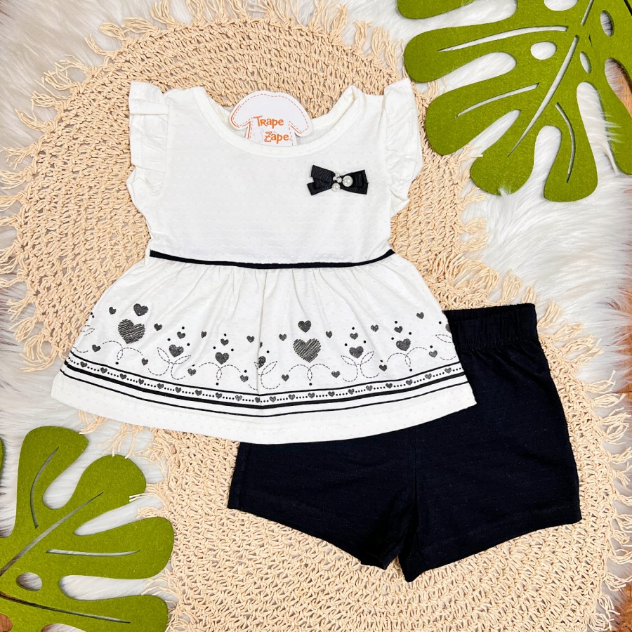 Conj. Batinha Lacinho com Corações e Short - Off White e Preto